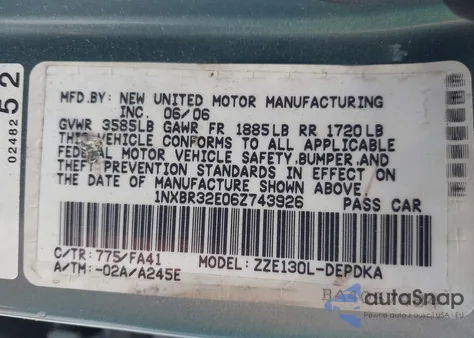 2006 Toyota Corolla Ce z USA, uszkodzony, nr VIN 1NXBR32E06Z743926